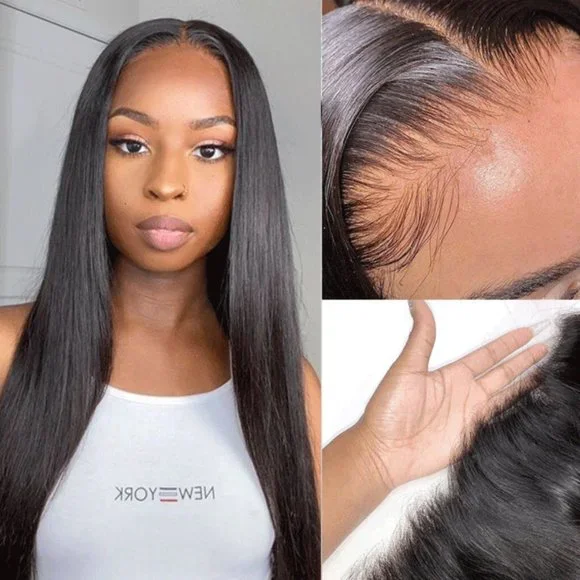 20" Black Frontal Lace Wig Pre Plucked Human Hair Wig Straight Invisible HD Lace